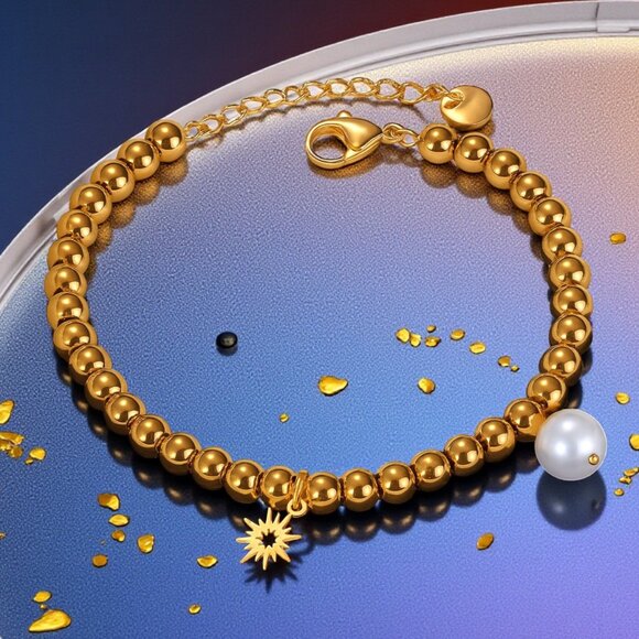 18K Gold Plated Stainless Steel Beaded Bracelet with Sun & Pearl Charms ✨ - Picture 13 of 15